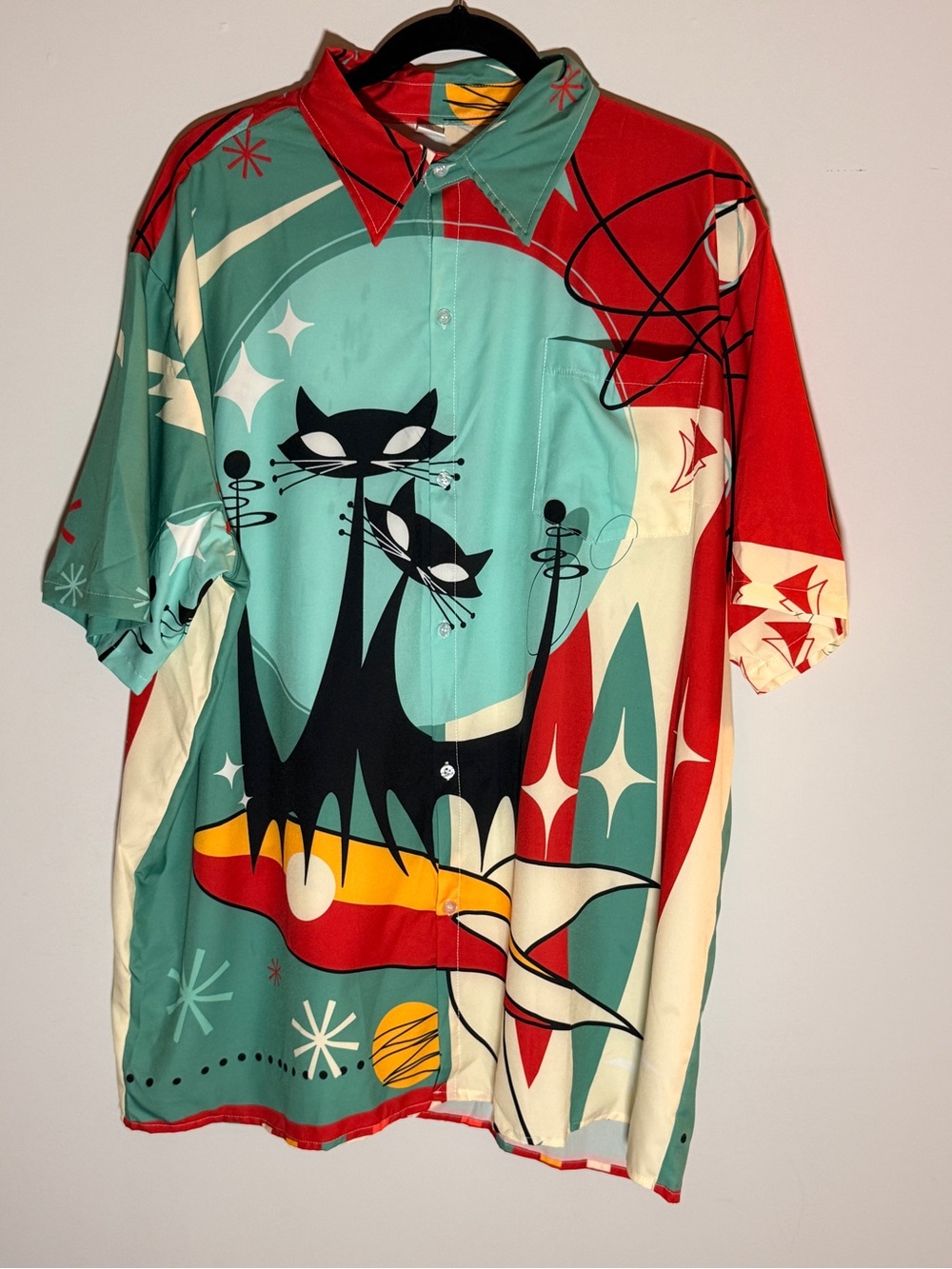 Source Unknown Teal, Red & Cream Retro Cat-Print Button Down Shirt